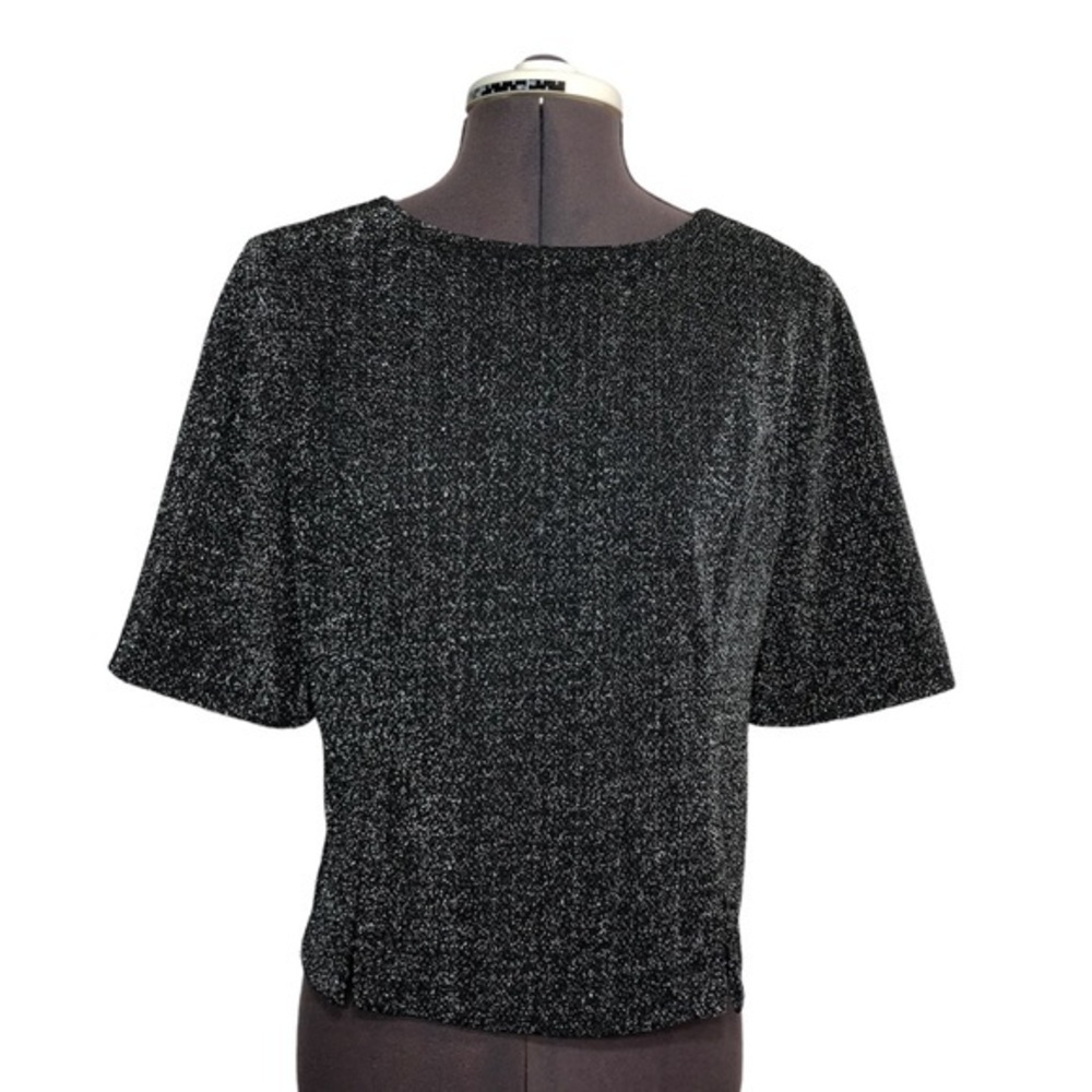 Praise Hymn Vintage Made Usa Black Silver Glitter Knit Short Sleeve Zip Blouse M